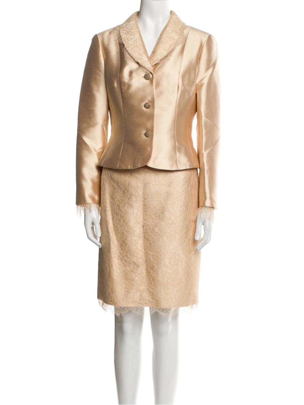 Rickie Freeman Teri Jon Champagne Silk Satin Lace Trim Skirt Suit 8